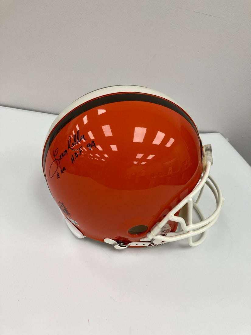 Cleveland Browns full size helmet autographed by Leroy Kelly BAS: Cleveland Browns full size helmet autographed by Leroy Kelly BAS Pre-owned full size Cleveland Browns authentic helmet signed by Leroy Kelly and inscribed "#44" and "HOF 94." This is an original