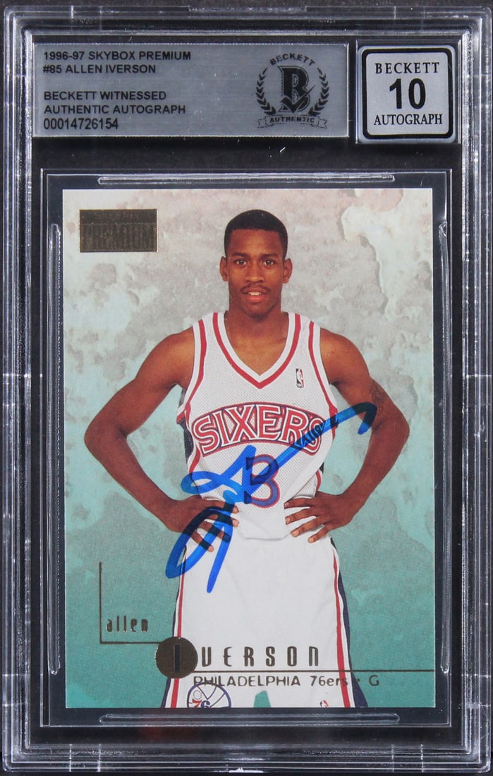 Allen Iverson Signed 1996 Skybox Premium Rookie Card Gem Mint 10 Beckett: Allen Iverson Signed 1996 Skybox Premium Rookie Card Gem Mint 10 Beckett This is a 1996 Skybox Premium #85 Rookie Card featuring Allen Iverson, personally signed by the legendary player himself. Grade