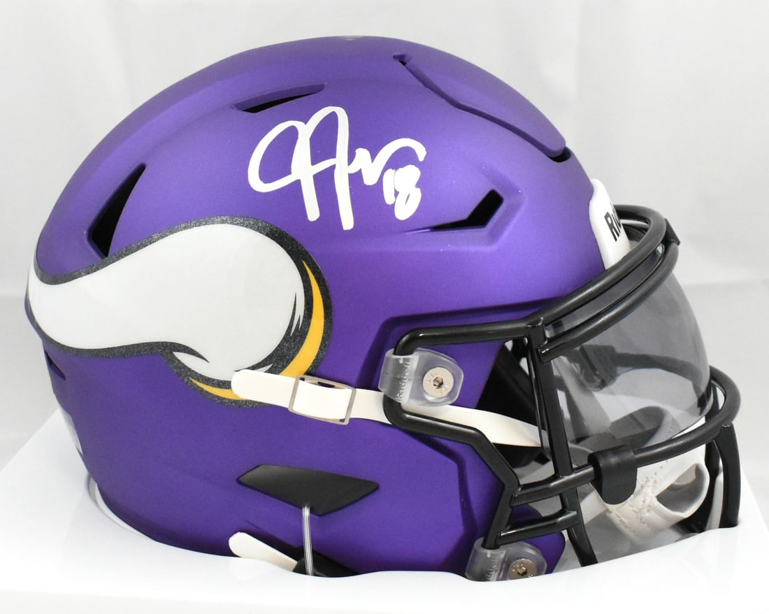 Beckett Authenticated Justin Jefferson Vikings SpeedFlex Mid-Size Helmet: Beckett Authenticated Justin Jefferson Vikings SpeedFlex Mid-Size Helmet Signed Minnesota Vikings Mid-Size SpeedFlex helmet featuring Justin Jefferson. This pre-owned collectible is made in the United