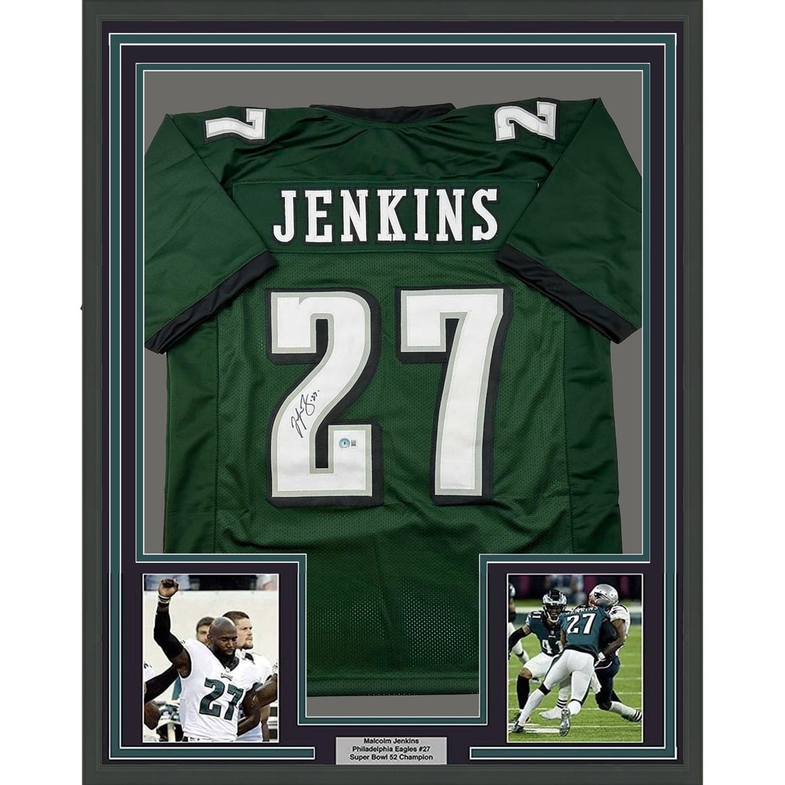 Malcolm Jenkins signed framed Eagles green jersey with Beckett COA: Malcolm Jenkins signed framed Eagles green jersey with Beckett COA Professionally framed and matted original green Philadelphia Eagles jersey signed by Malcolm Jenkins. This pre-owned display includes
