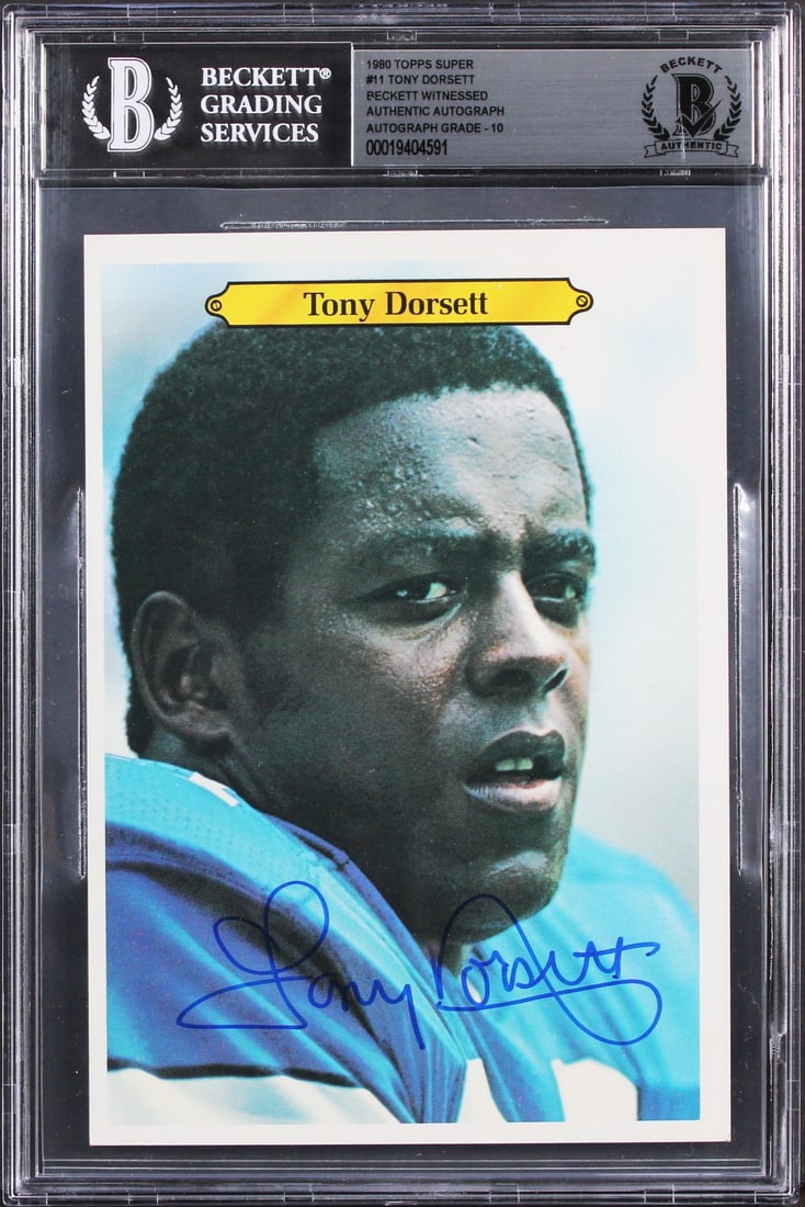 Tony Dorsett Signed 1980 Topps Super 5x7 Card BAS Authentic Auto 10: Tony Dorsett Signed 1980 Topps Super 5x7 Card BAS Authentic Auto 10 This 1980 Topps Super #11 5x7 card features an authentic hand-signed autograph by Tony Dorsett of the Dallas Cowboys. The card has b