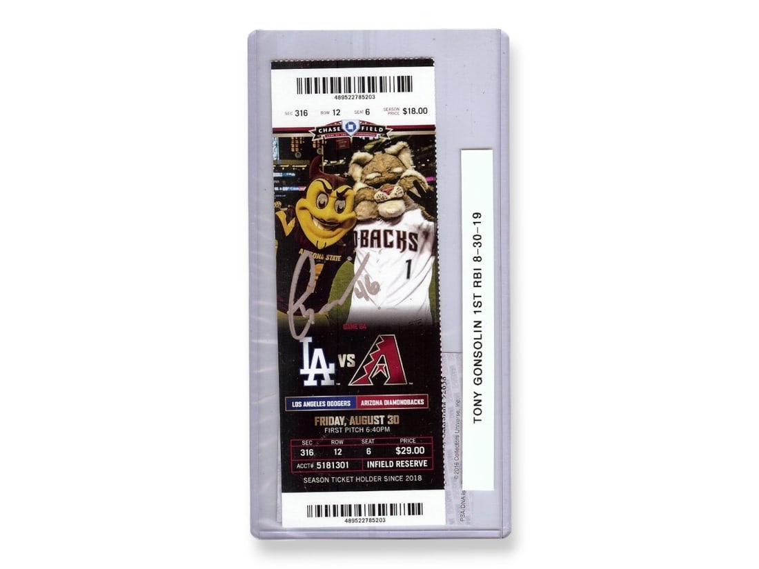 Tony Gonsolin Signed Ticket Stub Dodgers 1st RBI PSA/DNA Authenticated: Tony Gonsolin Signed Ticket Stub Dodgers 1st RBI PSA/DNA Authenticated This is an original ticket stub autographed by Tony Gonsolin, marking his first RBI on August 30, 2019. The ticket is authenticat