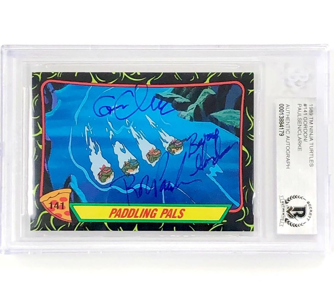 1989 TMNT Cast Signed Topps Card Donatello Leonardo Michelangelo Raphael: 1989 TMNT Cast Signed Topps Card Donatello Leonardo Michelangelo Raphael This is a signed 1989 Topps card featuring characters from the iconic franchise Teenage Mutant Ninja Turtles, specifically Dona