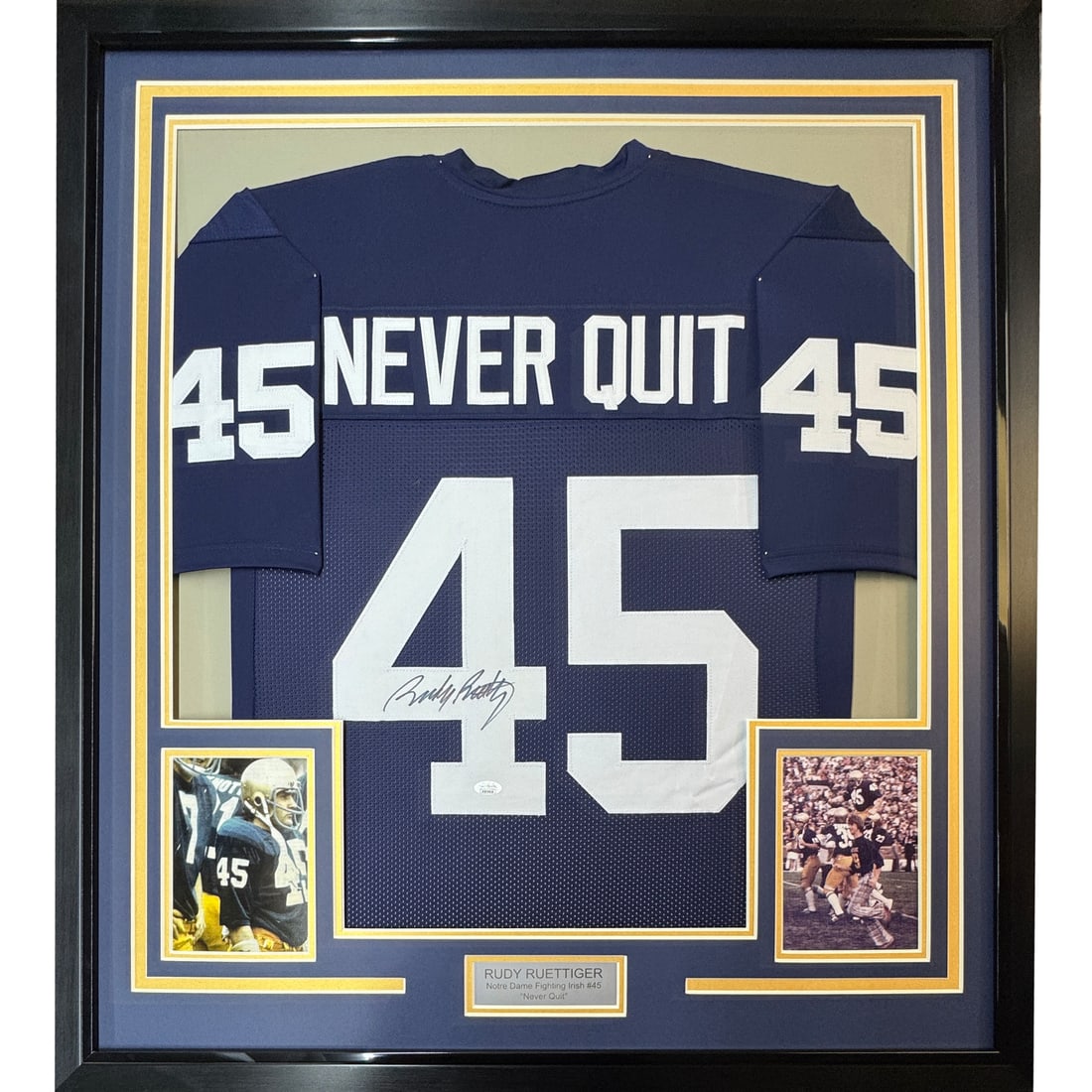 Framed Rudy Ruettiger Autographed Blue Jersey Notre Dame JSA COA 35x39 (1 of 2)