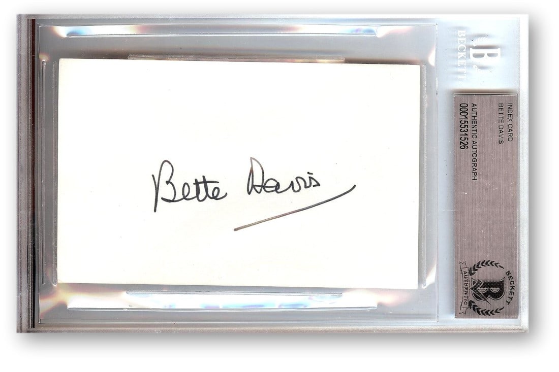 Authentic Bette Davis Autograph on Index Card Beckett Authenticated: Authentic Bette Davis Autograph on Index Card Beckett Authenticated This is an original index card autographed by legendary Hollywood actress Bette Davis. The card is authenticated by Beckett Authenti