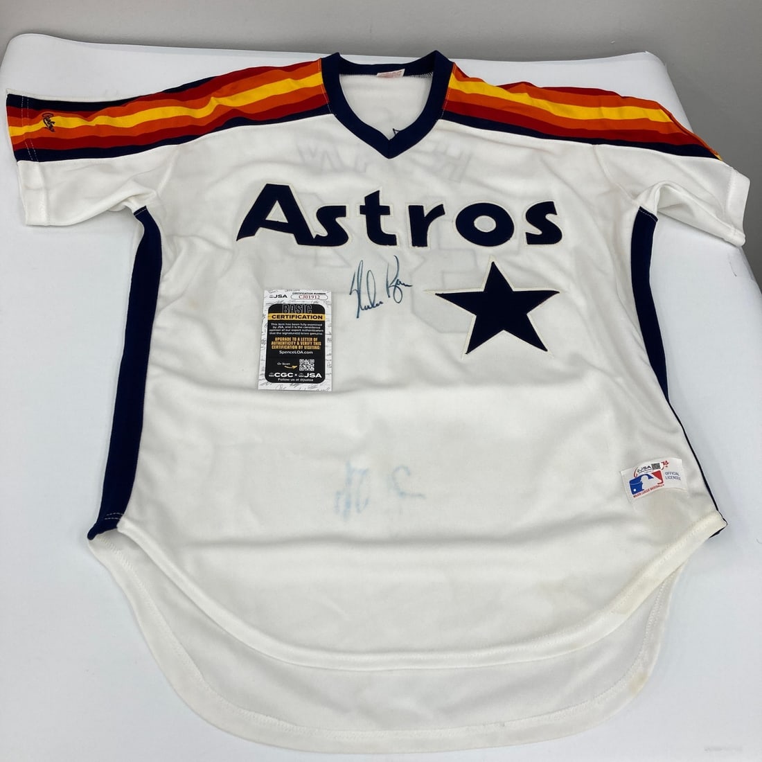 Rawlings Vintage Houston Astros Jersey Signed by Nolan Ryan JSA: Rawlings Vintage Houston Astros Jersey Signed by Nolan Ryan JSA Authentic vintage Rawlings Houston Astros jersey signed by Nolan Ryan. This original autographed baseball collectible is pre-owned and c