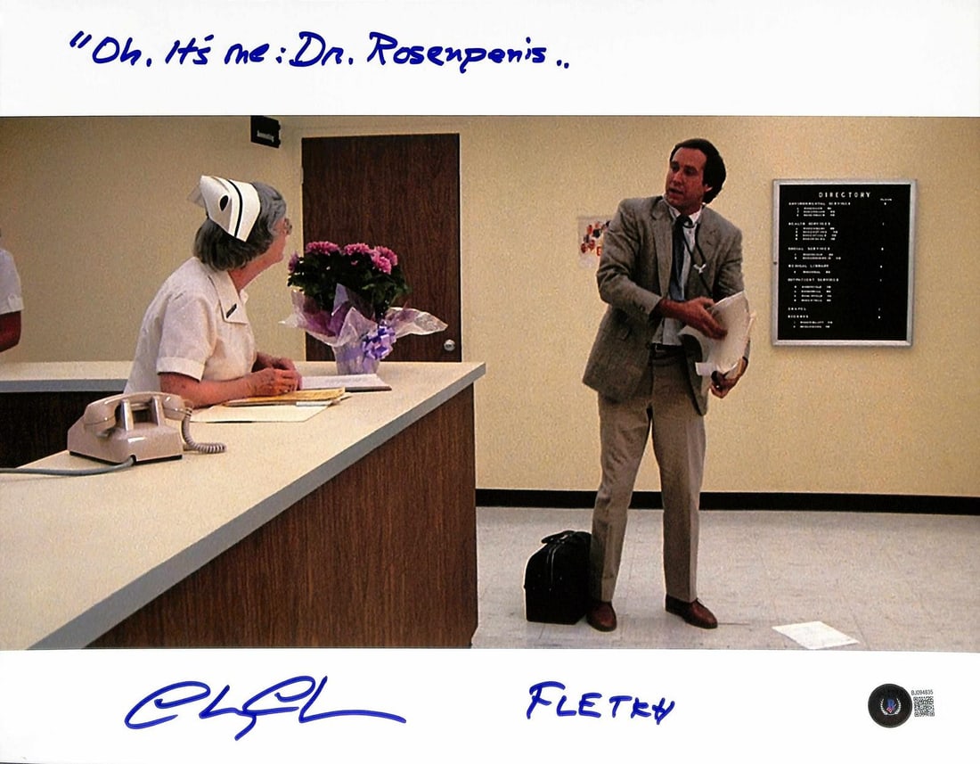 11x14 Fletch photo signed by Chevy Chase Beckett authenticated: 11x14 Fletch photo signed by Chevy Chase Beckett authenticated This 11x14 color photograph from the classic comedy film "Fletch" features a bold autograph and humorous inscription by Chevy Chase. The 