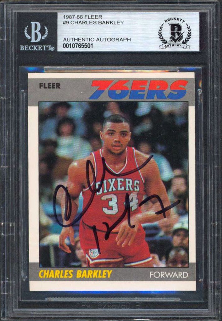 Authentic Charles Barkley Signed 1987 Fleer #9 Card 76ers BAS Slabbed: Authentic Charles Barkley Signed 1987 Fleer #9 Card 76ers BAS Slabbed Celebrate the legacy of basketball great Charles Barkley with this authentic signed 1987 Fleer #9 card. Featuring a bold signature