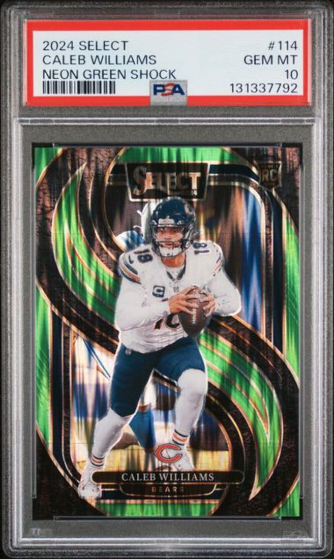 PSA 10 Caleb Williams 2024 Neon Green Shock Rookie Card: PSA 10 Caleb Williams 2024 Neon Green Shock Rookie Card This is an original 2024 Panini Select Caleb Williams Neon Green Shock Rookie Card, numbered 114. The card has been professionally graded and en
