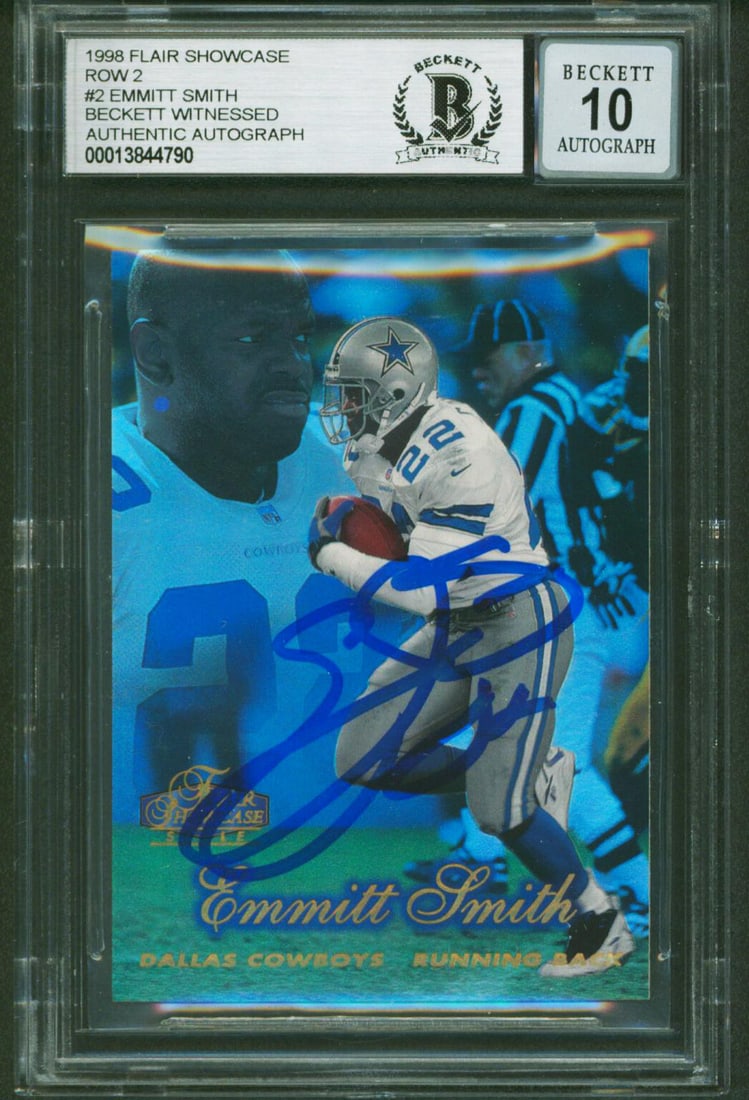 Emmitt Smith Autographed 1998 Flair Showcase Row 2 Card BAS Gem Mint 10 Slab: Emmitt Smith Autographed 1998 Flair Showcase Row 2 Card BAS Gem Mint 10 Slab This 1998 Flair Showcase Row 2 #2 card features the personal autograph of Emmitt Smith from the Dallas Cowboys. The card ha