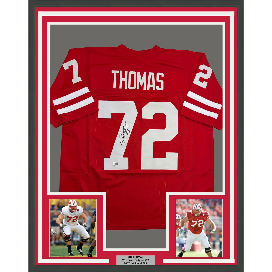 Framed Joe Thomas Signed Wisconsin Badgers Red Jersey 35x39 Beckett BAS COA: Framed Joe Thomas Signed Wisconsin Badgers Red Jersey 35x39 Beckett BAS COA This professionally framed display features a red Wisconsin Badgers jersey autographed by Joe Thomas. The jersey is presente
