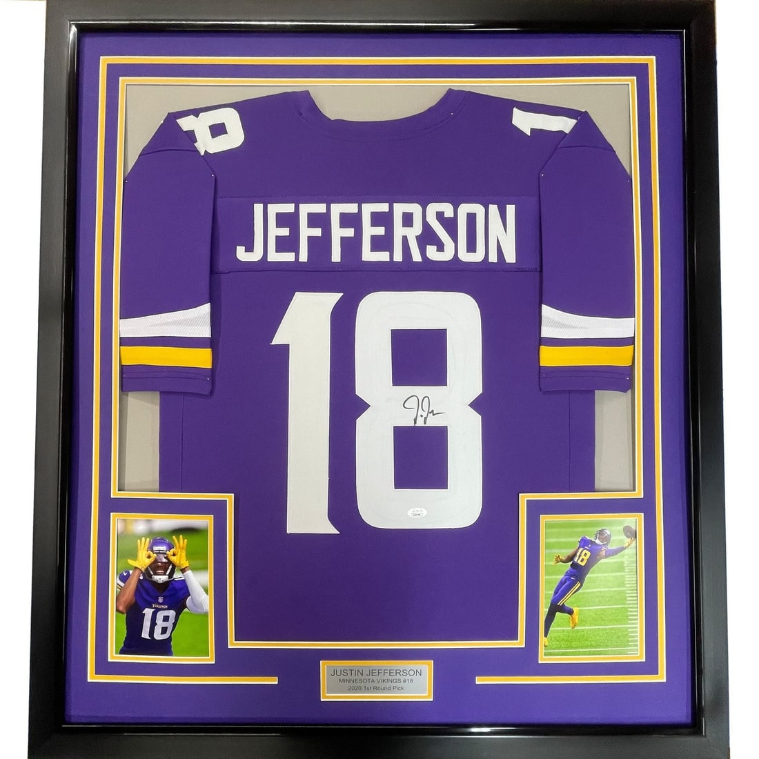 Justin Jefferson Autographed Framed Vikings Jersey 35x39 JSA (1 of 2)