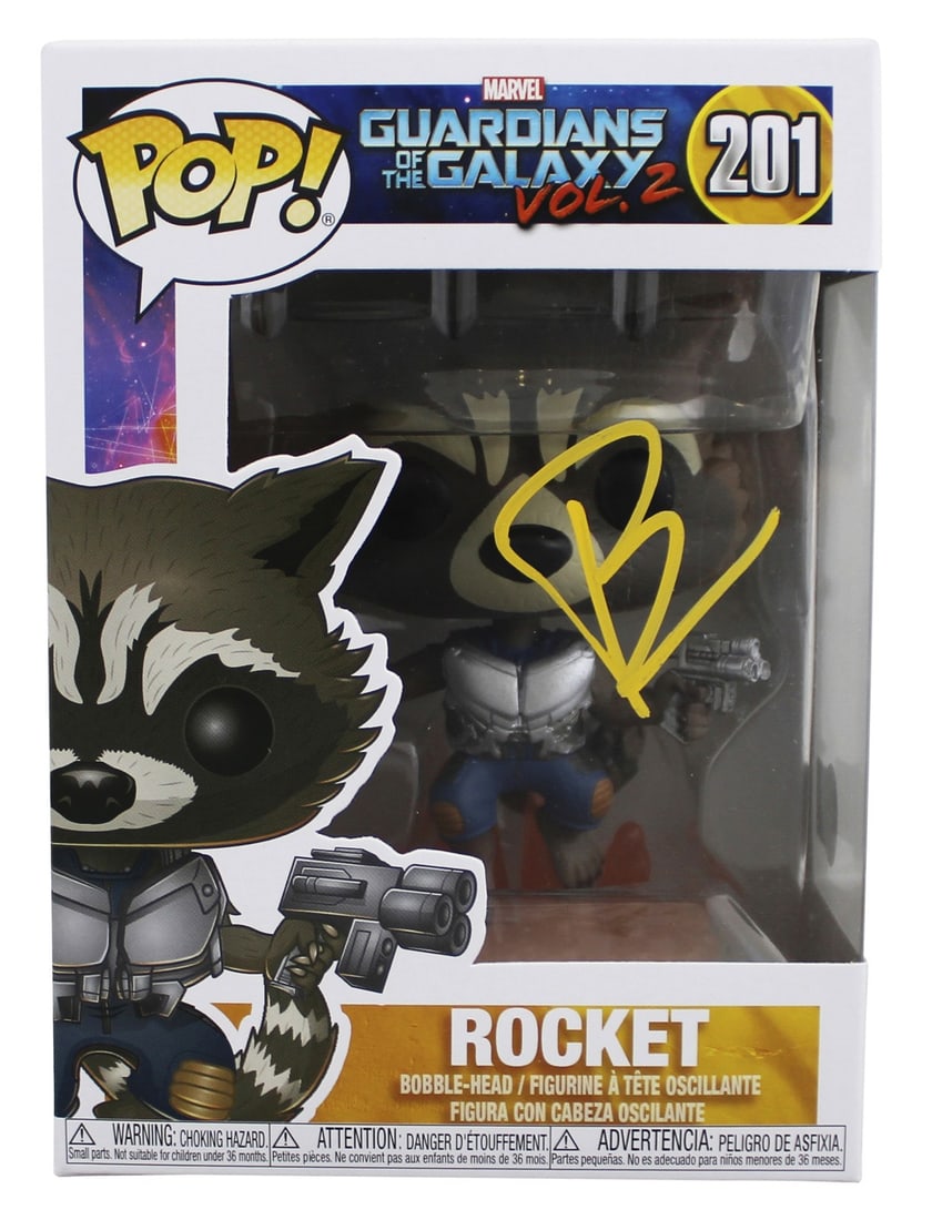 Bradley Cooper Signed Rocket #201 Funko Pop Beckett Authenticated: Bradley Cooper Signed Rocket #201 Funko Pop Beckett Authenticated This is a pre-owned Funko Pop Vinyl Figure (#201) of Rocket from Guardians of the Galaxy Vol. 2, personally signed by Bradley Cooper. 