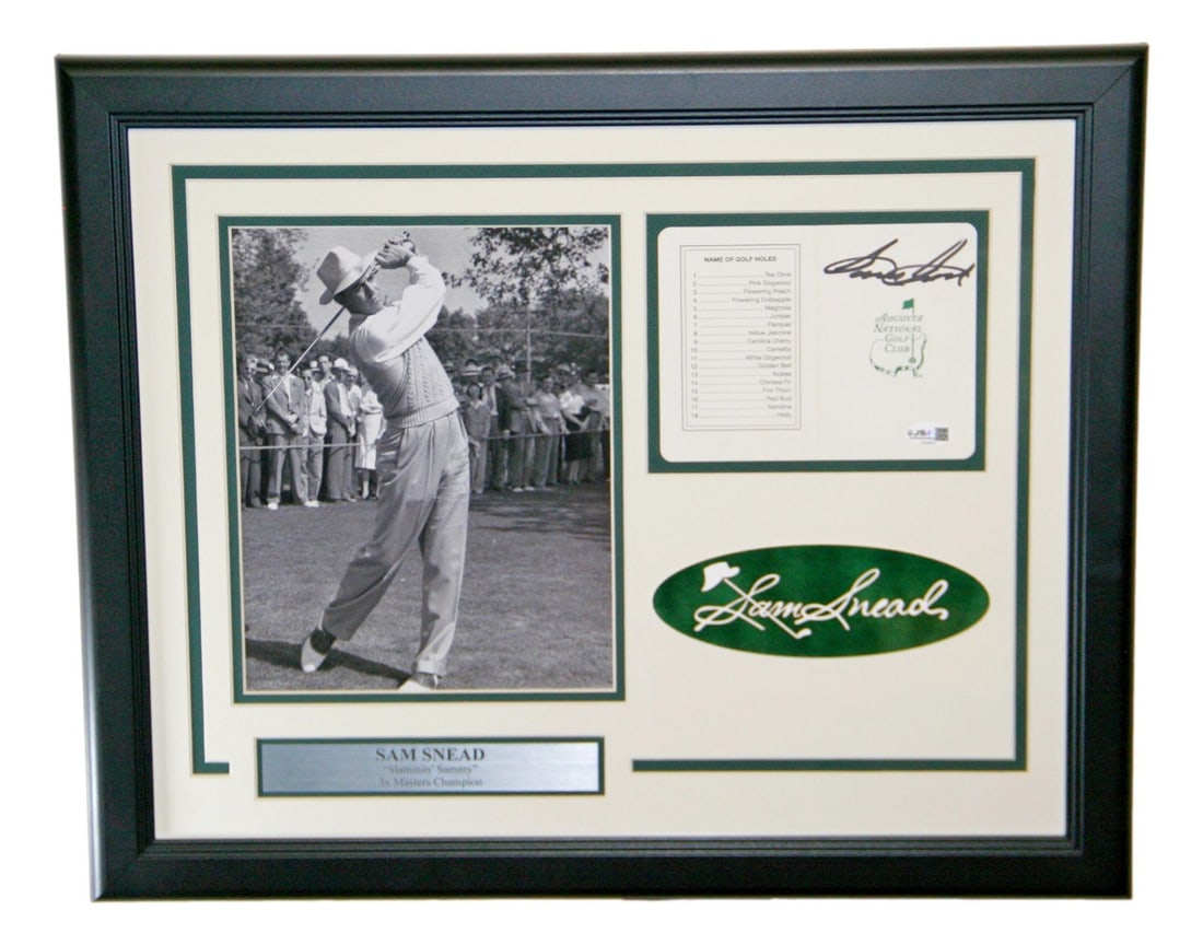 Framed Sam Snead Signed Masters Scorecard with Photo JSA: Framed Sam Snead Signed Masters Scorecard with Photo JSA Framed Sam Snead autographed Masters scorecard with photo. This original signed golf collectible is authenticated by James Spence Authenticatio