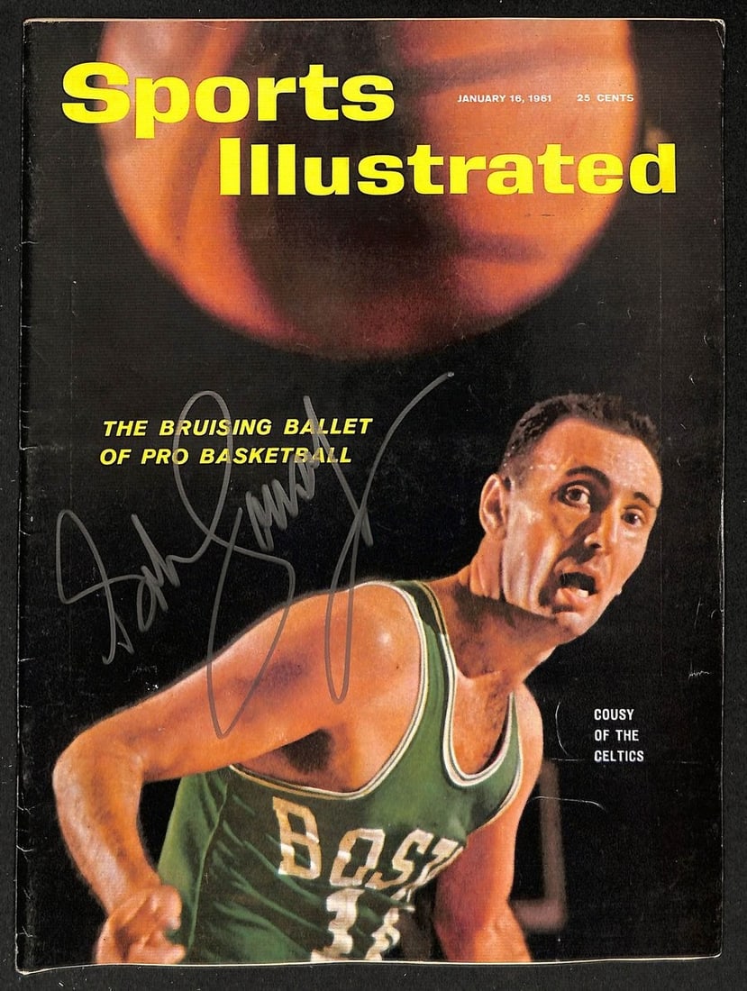 PSA DNA Autographed Sports Illustrated Magazine Bob Cousy HOF No Label: PSA DNA Autographed Sports Illustrated Magazine Bob Cousy HOF No Label Original Sports Illustrated magazine signed by Bob Cousy. The title identifies this as a Hall of Fame autograph example, and the 