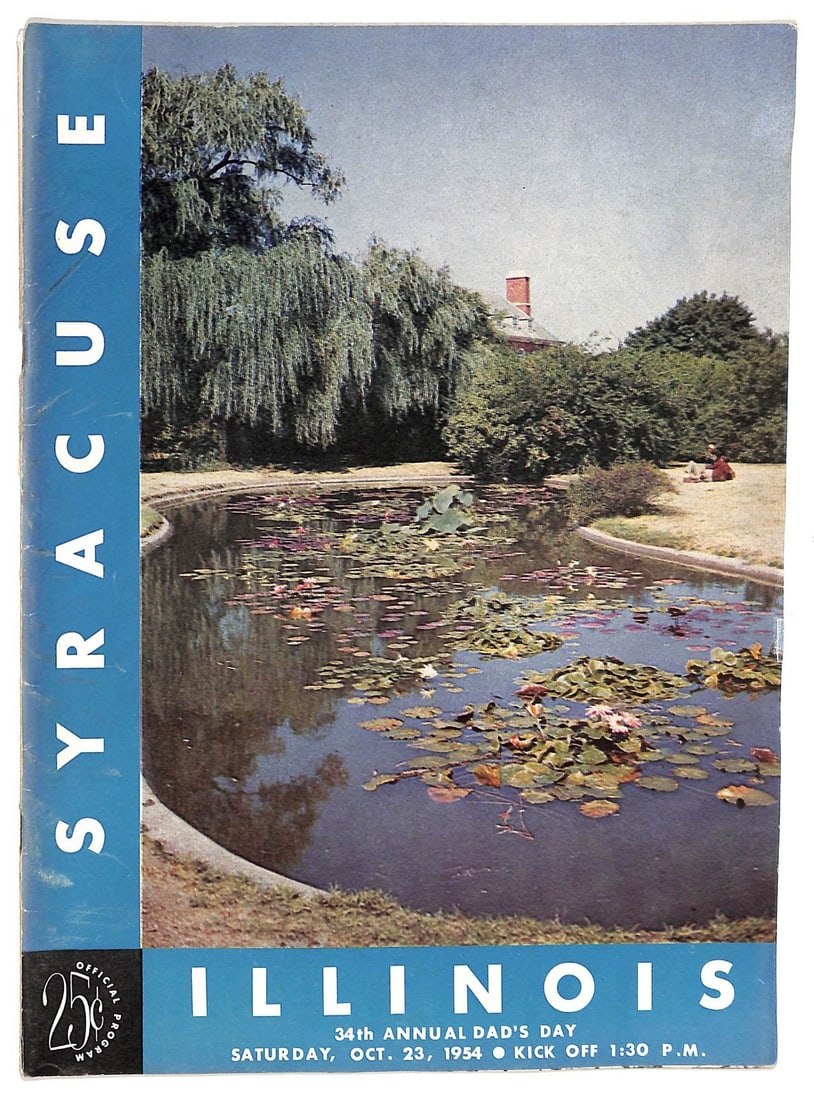 1954 Illinois vs Syracuse football program Jim Brown debut start: 1954 Illinois vs Syracuse football program Jim Brown debut start Original 1954 Syracuse at Illinois football program featuring Jim Brown's first college start. This vintage, pre-owned piece is an offi