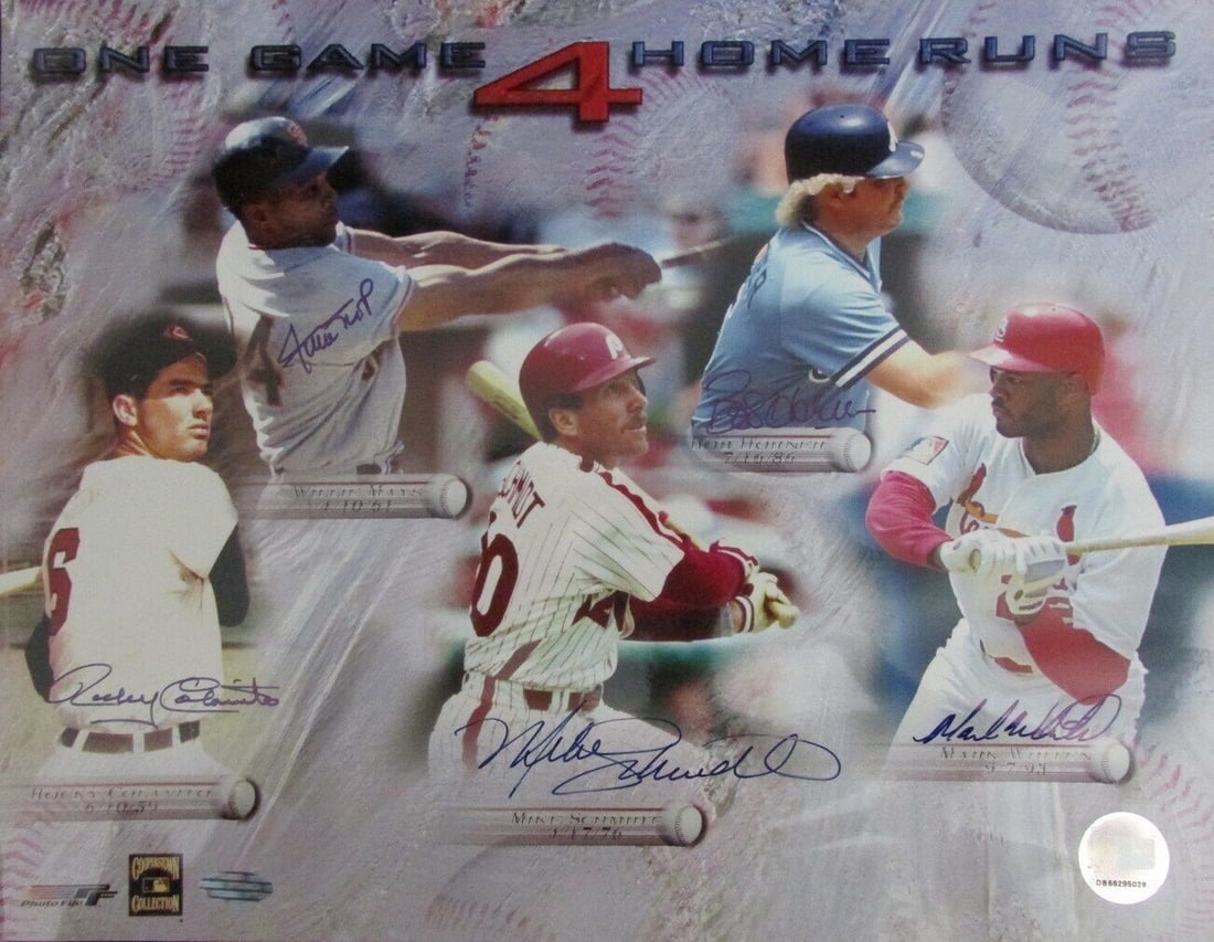 Steiner authenticated 11x14 signed MLB photo with 5 players: Steiner authenticated 11x14 signed MLB photo with 5 players Original 11x14 baseball photo collage titled One Game 4 Home Runs, autographed by Willie Mays, Mike Schmidt, Bob Horner, Rocky Colavito, and