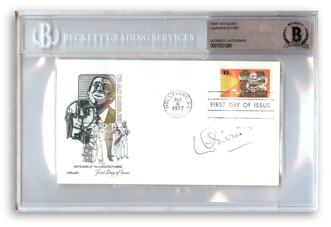Beckett Authenticated Laurence Olivier Signed First Day Cover in 6x9 Slab: Beckett Authenticated Laurence Olivier Signed First Day Cover in 6x9 Slab This is a pre-owned First Day Cover card signed by legendary Hollywood actor Laurence Olivier. The autograph has been authenti