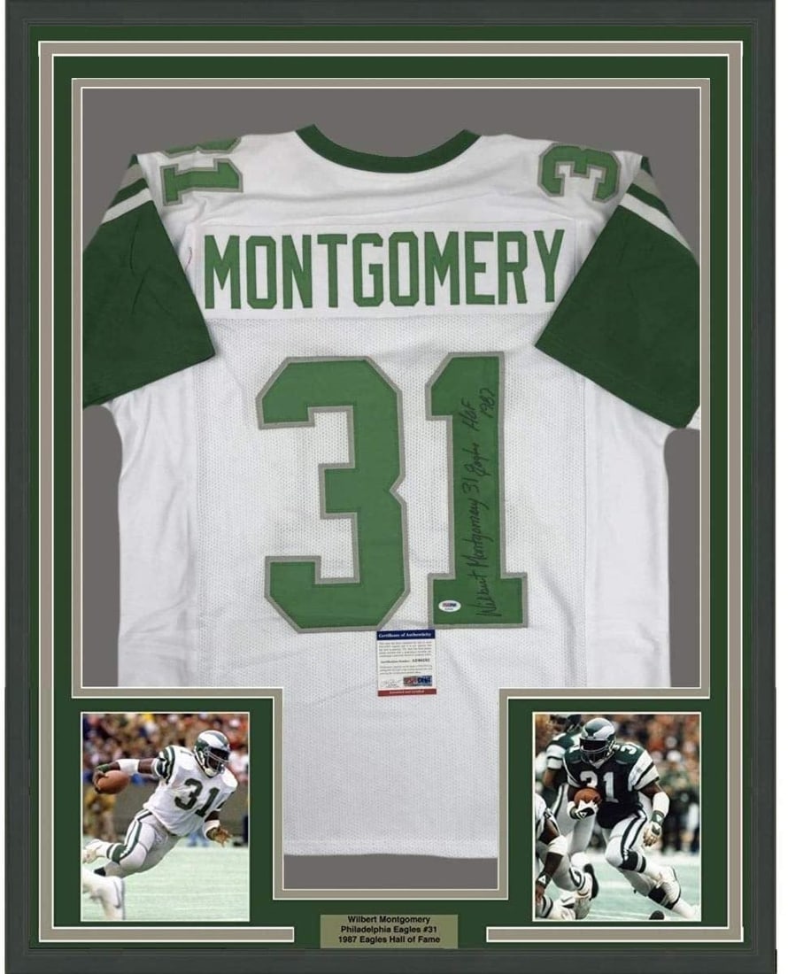 Wilbert Montgomery signed framed Eagles jersey PSA DNA authenticated: Wilbert Montgomery signed framed Eagles jersey PSA DNA authenticated Professionally framed and matted original signed Wilbert Montgomery white jersey display. This pre-owned piece includes two 5x7 pho