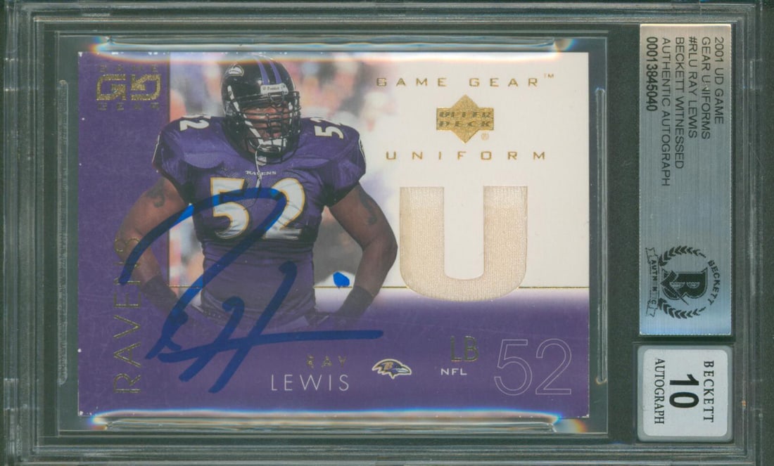 Ray Lewis Autographed 2001 UD Game Gear Uniforms #RLU Card BAS 10: Ray Lewis Autographed 2001 UD Game Gear Uniforms #RLU Card BAS 10 Autographed 2001 UD Game Gear Uniforms #RLU football card featuring Ray Lewis of the Baltimore Ravens. The card is graded Gem Mint 10 