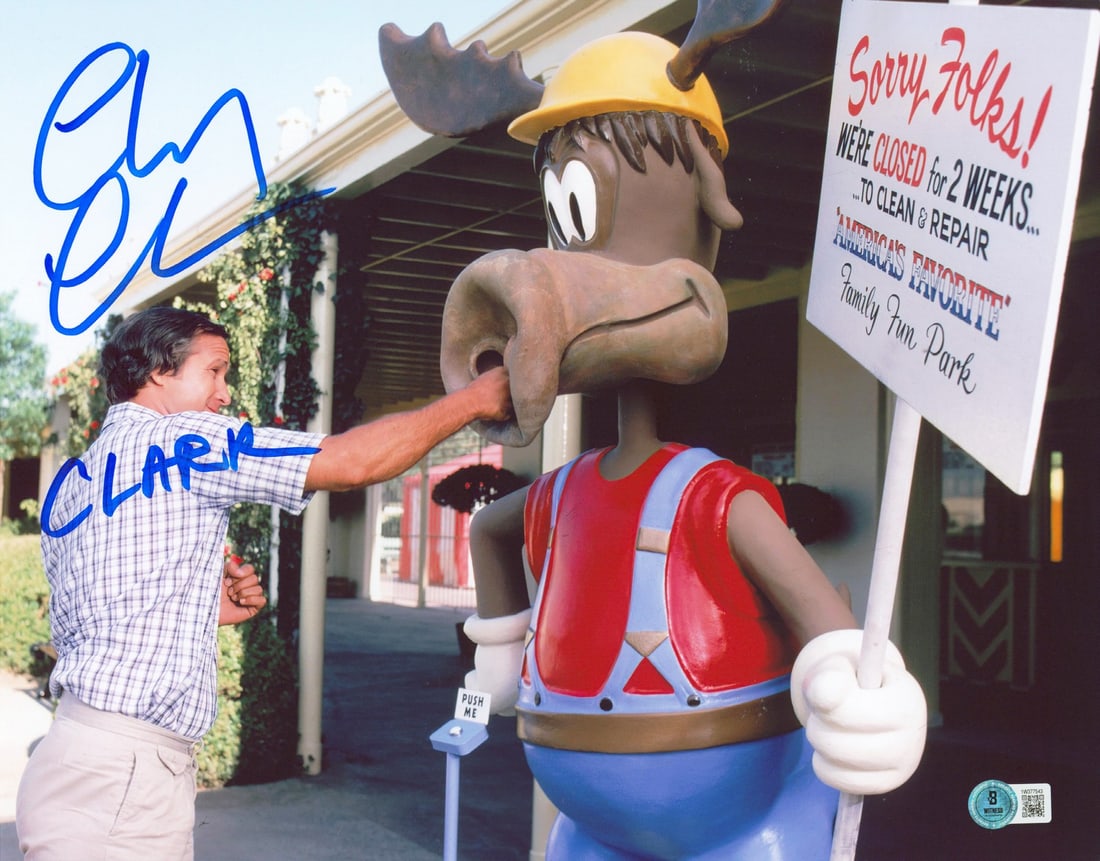 Chevy Chase Signed Clark Photo 11x14 National Lampoon's Vacation BAS Authenticated: Chevy Chase Signed Clark Photo 11x14 National Lampoon's Vacation BAS Authenticated This striking 11x14 photograph features a personally signed inscription of "Clark" by the iconic Chevy Chase from the