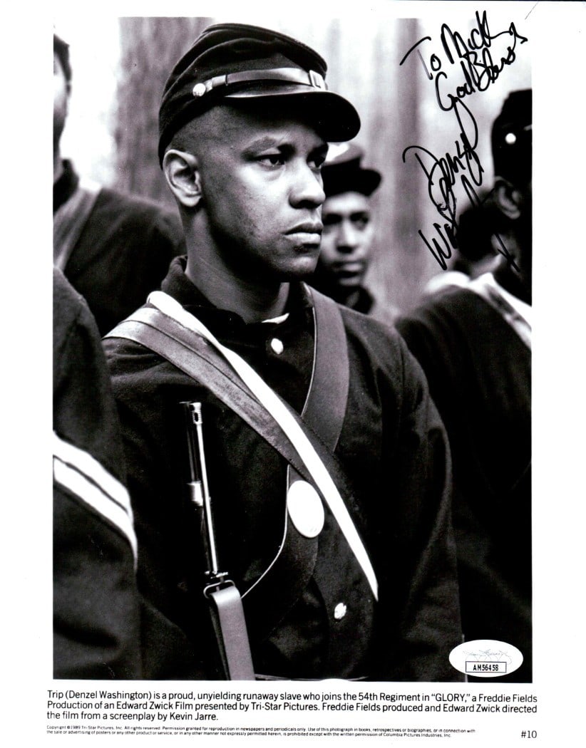 Autographed 8X10 Glory Photograph Personalized by Denzel Washington JSA: Autographed 8X10 Glory Photograph Personalized by Denzel Washington JSA Autographed 8x10 photograph signed by Denzel Washington, personalized and authenticated by James Spence (JSA). The item is origi