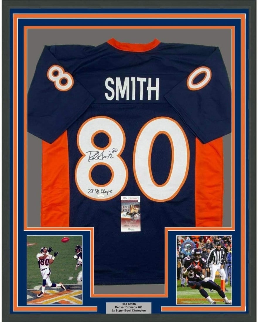 Rod Smith autographed Denver Broncos framed blue jersey 35x39 JSA (1 of 2)