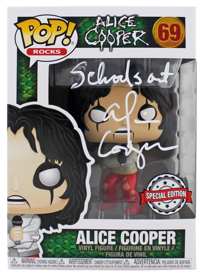 Beckett Witnessed Alice Cooper Signed Funko Pop 69 Schools Out: Beckett Witnessed Alice Cooper Signed Funko Pop 69 Schools Out Pre-owned Funko Pop Vinyl Figure #69 signed by Alice Cooper and inscribed "Schools Out!". The autograph is authenticated by Beckett Authe