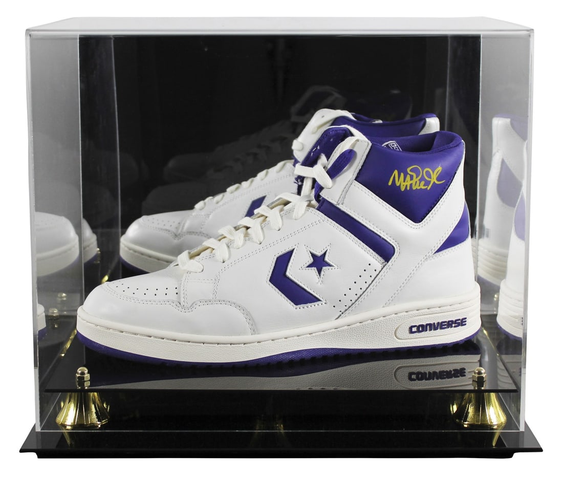 Magic Johnson Signed Converse Weapon Shoe with Display Case BAS Authenticated: Magic Johnson Signed Converse Weapon Shoe with Display Case BAS Authenticated This Purple & White Converse Weapon Shoe has been personally signed by NBA legend Magic Johnson, showcasing his autograph 