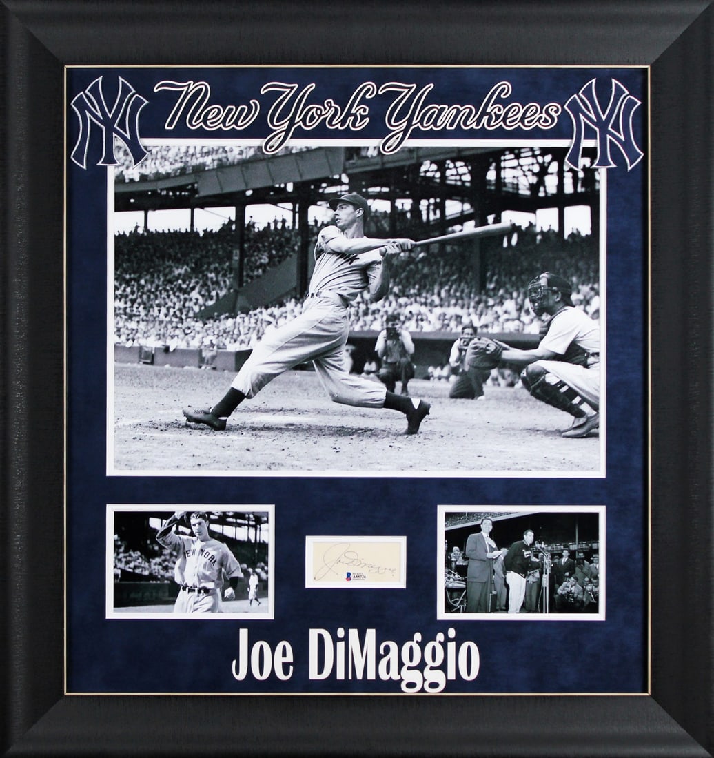 Framed Joe DiMaggio cut signature New York Yankees Beckett authenticated: Framed Joe DiMaggio cut signature New York Yankees Beckett authenticated Authentic Joe DiMaggio cut signature from his time with the New York Yankees, professionally framed for display. The signed cut