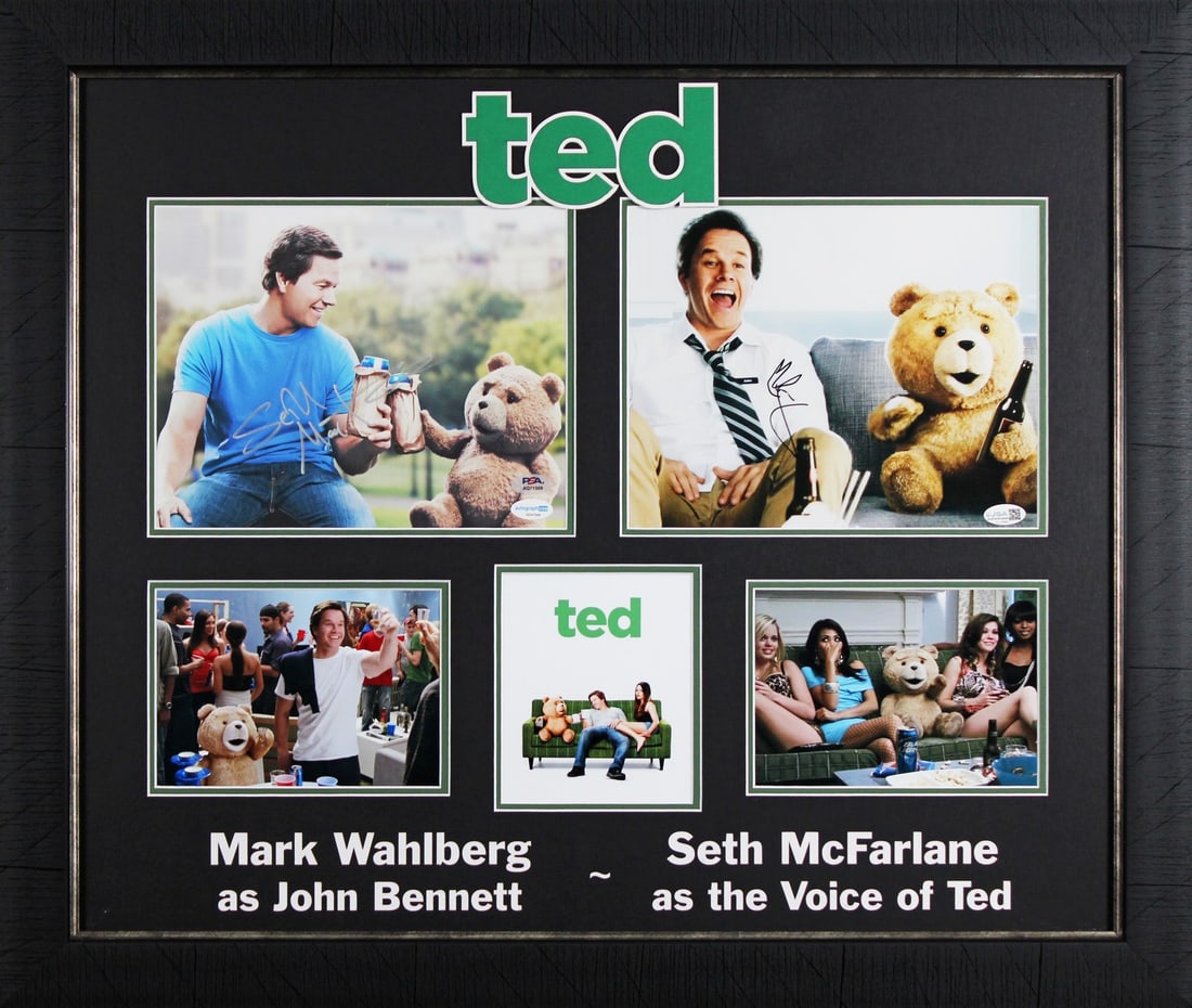 Framed 8x10 Ted Photo Signed by Mark Wahlberg Seth McFarlane PSA: Framed 8x10 Ted Photo Signed by Mark Wahlberg Seth McFarlane PSA Original framed 8x10 photograph from Ted, personally signed by Mark Wahlberg and Seth McFarlane. This pre-owned piece includes PSA/DNA 