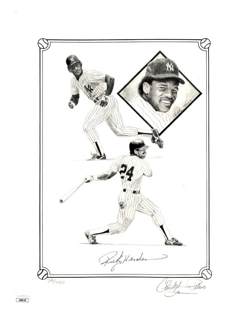 Rickey Henderson Autographed 11X14 Litho Print Yankees 28/750 JSA: Rickey Henderson Autographed 11X14 Litho Print Yankees 28/750 JSA Celebrate the legacy of Hall of Famer Rickey Henderson with this autographed 11X14 litho print featuring the iconic New York Yankees. 