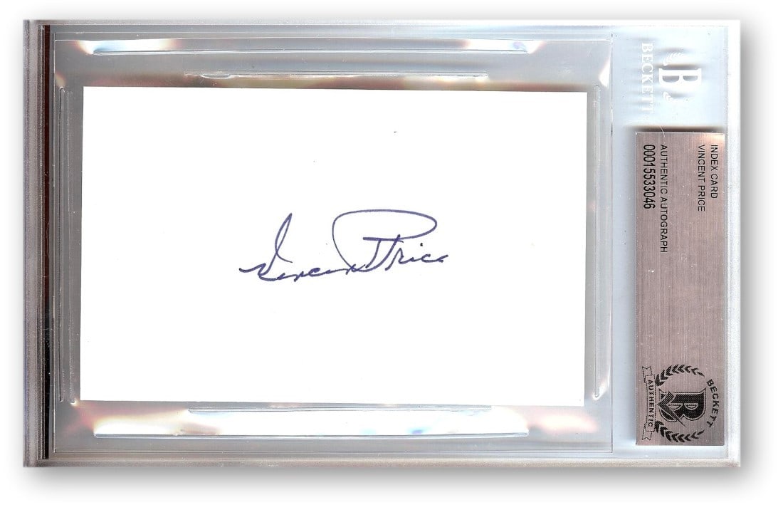 Beckett Authenticated Vincent Price Hollywood Signed Index Card in Slab Case: Beckett Authenticated Vincent Price Hollywood Signed Index Card in Slab Case This is an original index card autographed by Hollywood legend Vincent Price. The card has been authenticated by Beckett Au
