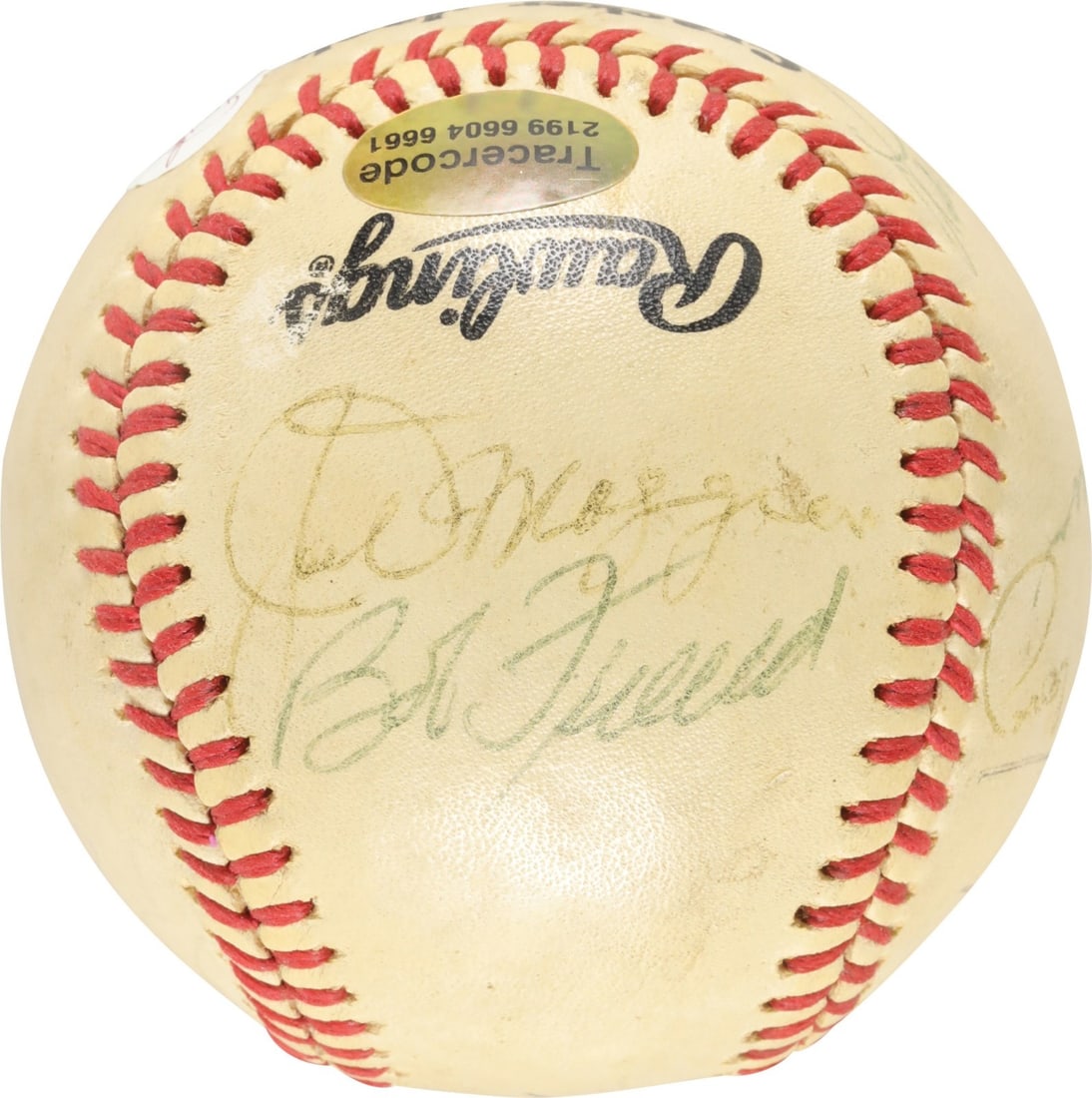 Rawlings Cracker Jack baseball signed by 9 MLB legends with JSA LOA: Rawlings Cracker Jack baseball signed by 9 MLB legends with JSA LOA Original multi-signed baseball featuring Hall of Fame signatures, including Joe DiMaggio and Hank Aaron. This Rawlings Cracker Jack 