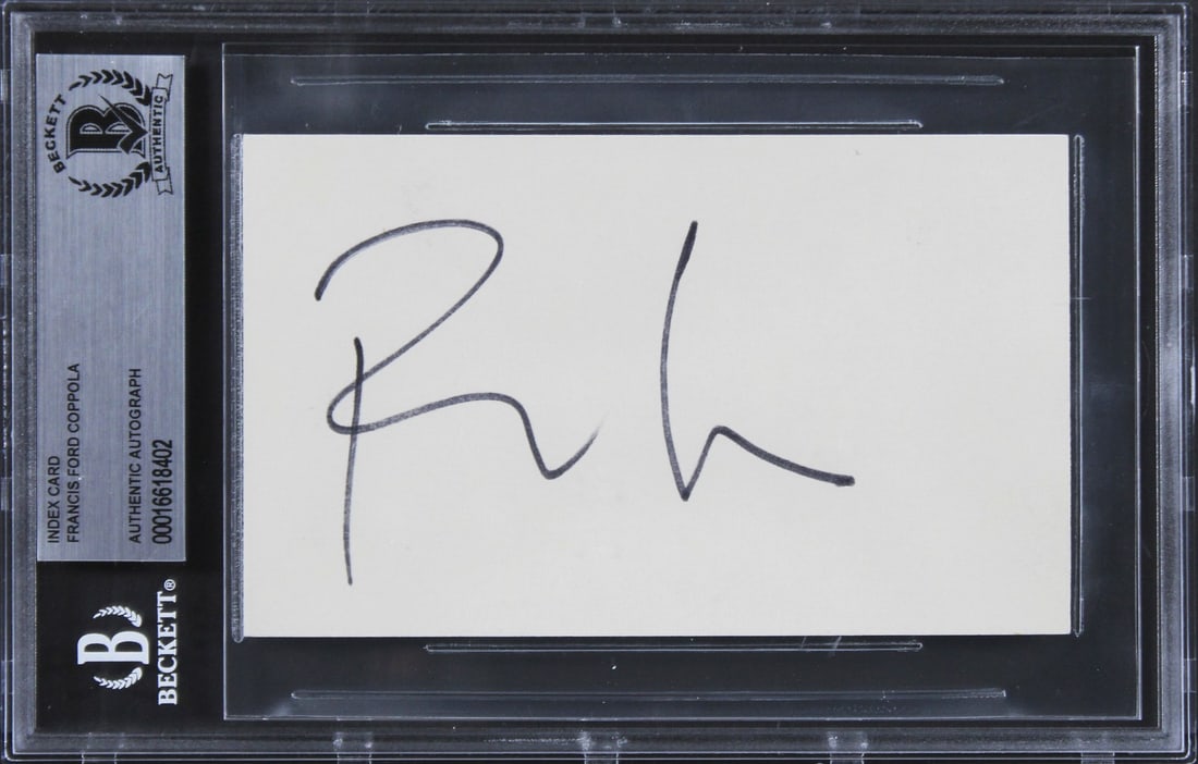 Slabbed 3x5 Index Card Signed by Francis Ford Coppola Beckett: Slabbed 3x5 Index Card Signed by Francis Ford Coppola Beckett Original 3x5 index card personally signed by Francis Ford Coppola, associated with The Godfather. The autograph is Beckett authenticated a