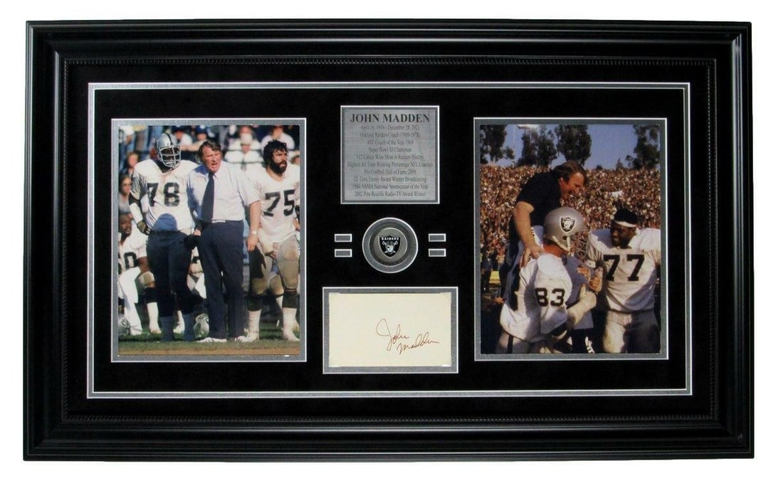 Framed John Madden Raiders 8x10 Photo and Autographed 3x5 Card Display: Framed John Madden Raiders 8x10 Photo and Autographed 3x5 Card Display This framed display features an original 8x10 photo of John Madden from his time with the Oakland Raiders, accompanied by a signe