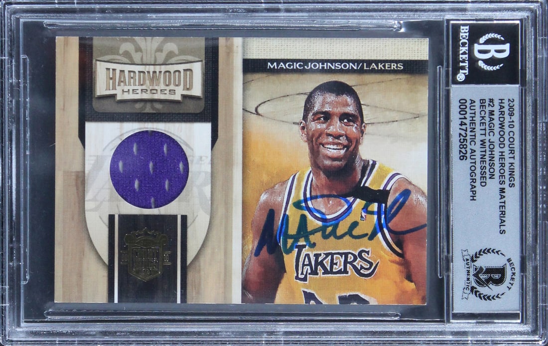 Magic Johnson Autographed 2009 Court Kings Gem Mint 10 Card BAS Slab: Magic Johnson Autographed 2009 Court Kings Gem Mint 10 Card BAS Slab This 2009 Court Kings Hardwood Heroes Materials #2 Card is a remarkable collectible for any basketball fan. Graded Gem Mint 10, thi