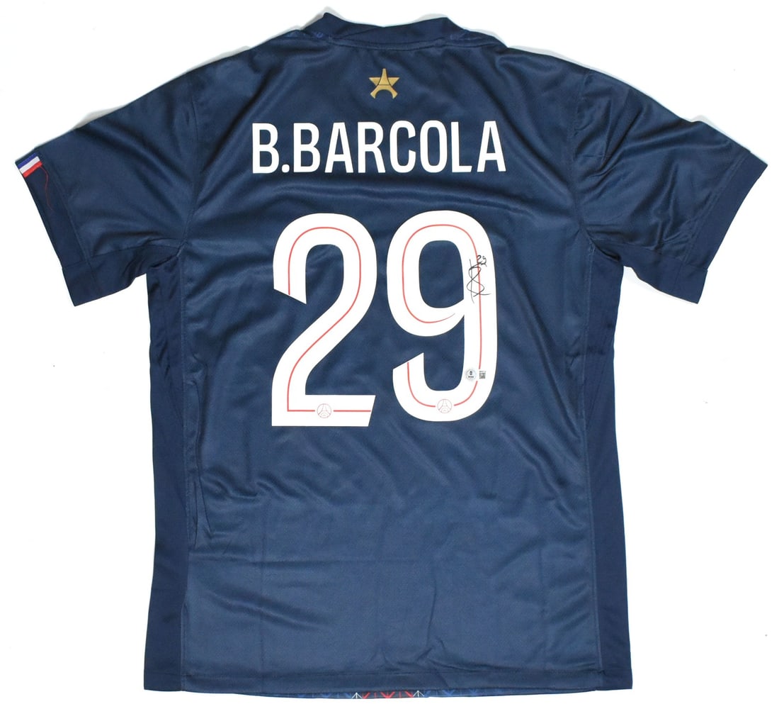 PSG Home Jersey #29 Signed by Bradley Barcola Beckett Holo: PSG Home Jersey #29 Signed by Bradley Barcola Beckett Holo This is a pre-owned PSG home soccer jersey autographed by Bradley Barcola, featuring his number 29. The jersey is an original item and comes 