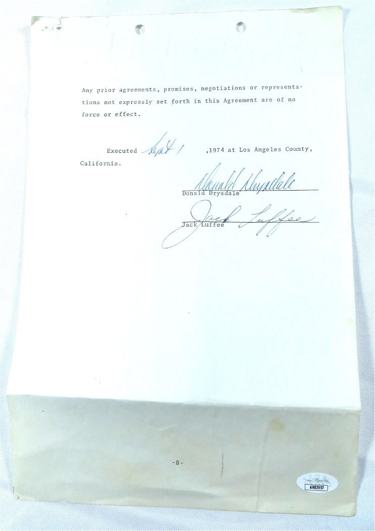 Don Drysdale Signed Business Contract Dodgers 1974 JSA Authenticated: Don Drysdale Signed Business Contract Dodgers 1974 JSA Authenticated This is an original business contract signed by Don Drysdale, a legendary player of the Los Angeles Dodgers. The contract pertains 