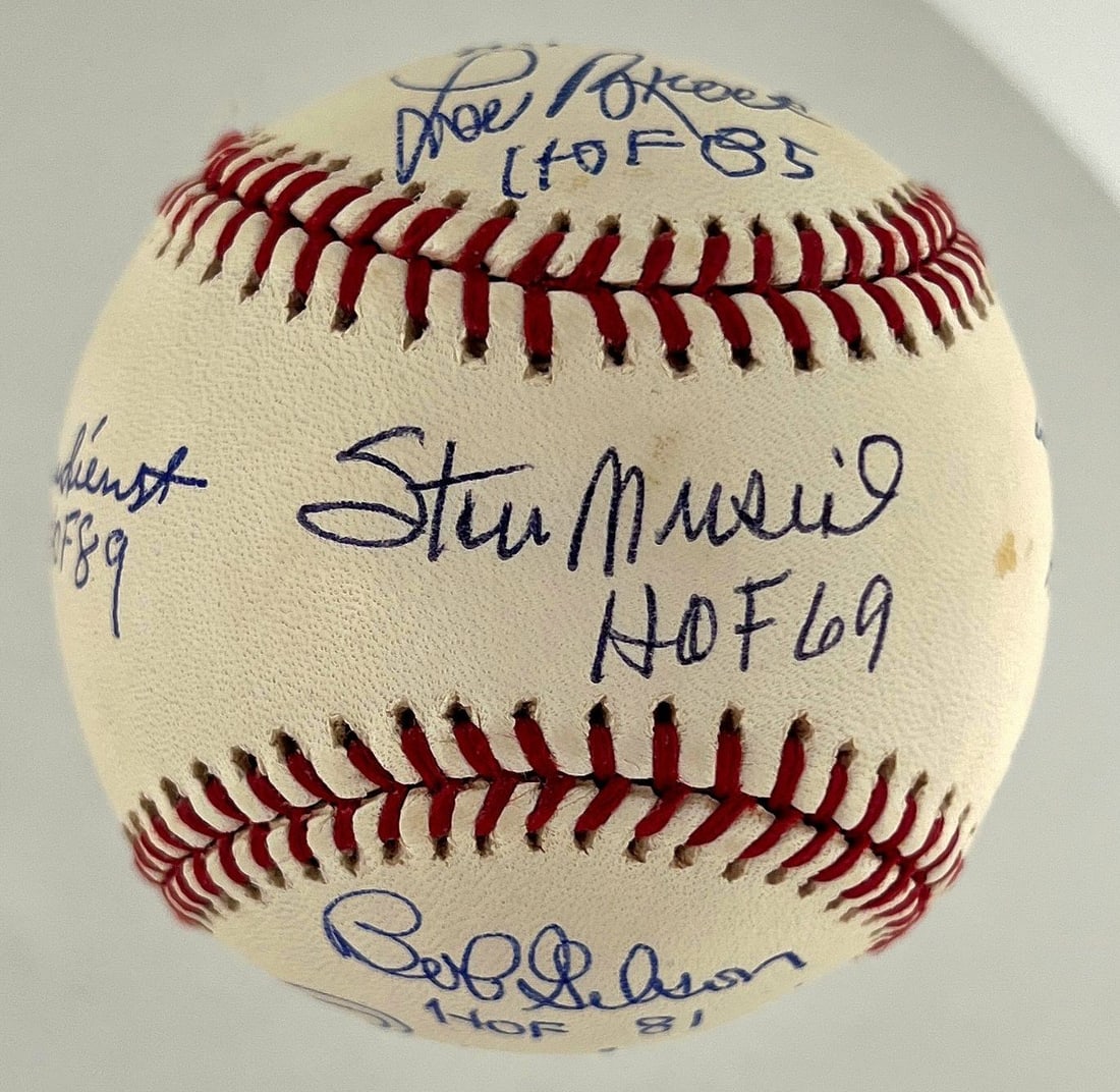BAS authenticated Cardinals HOF signed baseball with 9 autographs: BAS authenticated Cardinals HOF signed baseball with 9 autographs Official Major League Selig baseball signed by nine St. Louis Cardinals Hall of Fame members, with each signature noted by year of ind