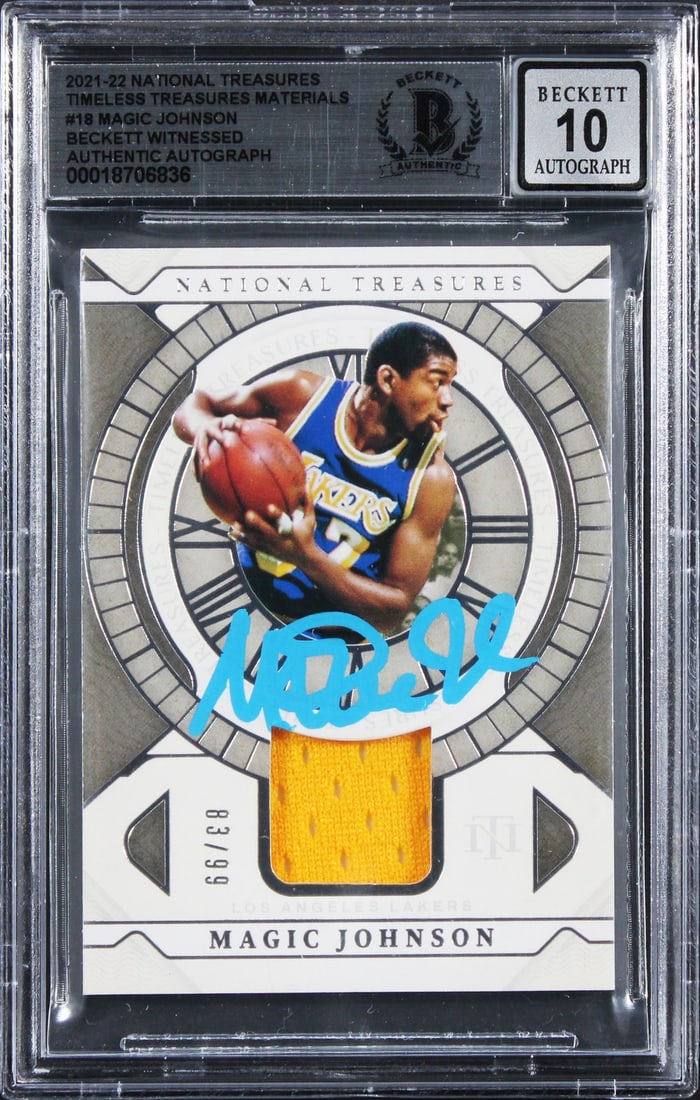 2021 National Treasures Timeless Materials Magic Johnson Auto Card BAS 10 Slab #83/99: 2021 National Treasures Timeless Materials Magic Johnson Auto Card BAS 10 Slab #83/99 This 2021 National Treasures Timeless Treasures Materials #18 card, serial numbered 83/99, features the personal a