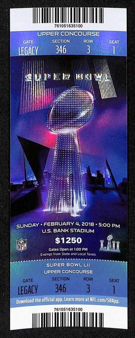 Authentic unused full ticket Super Bowl LII Eagles vs Patriots 2018 (1 of 2)
