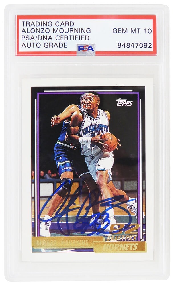 Alonzo Mourning Signed 1992-93 Topps Gold Rookie Card PSA Auto 10: Alonzo Mourning Signed 1992-93 Topps Gold Rookie Card PSA Auto 10 Celebrate the legacy of basketball legend Alonzo Mourning with this signed Charlotte Hornets 1992-93 Topps Gold rookie card #393. This