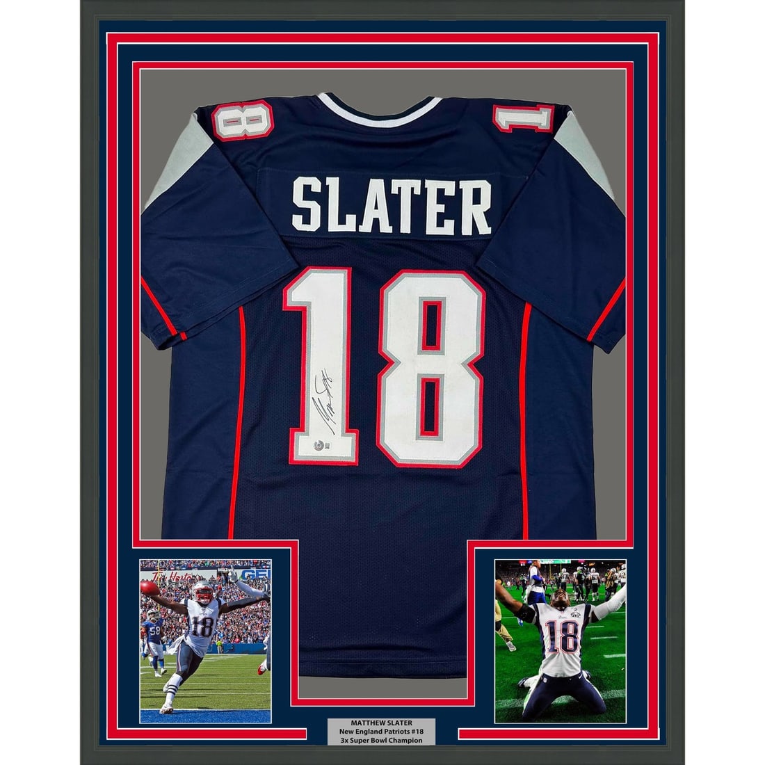 Matthew Slater signed framed New England Patriots blue jersey Beckett COA: Matthew Slater signed framed New England Patriots blue jersey Beckett COA Professionally framed and matted original blue New England Patriots jersey signed by Matthew Slater. This pre-owned display in
