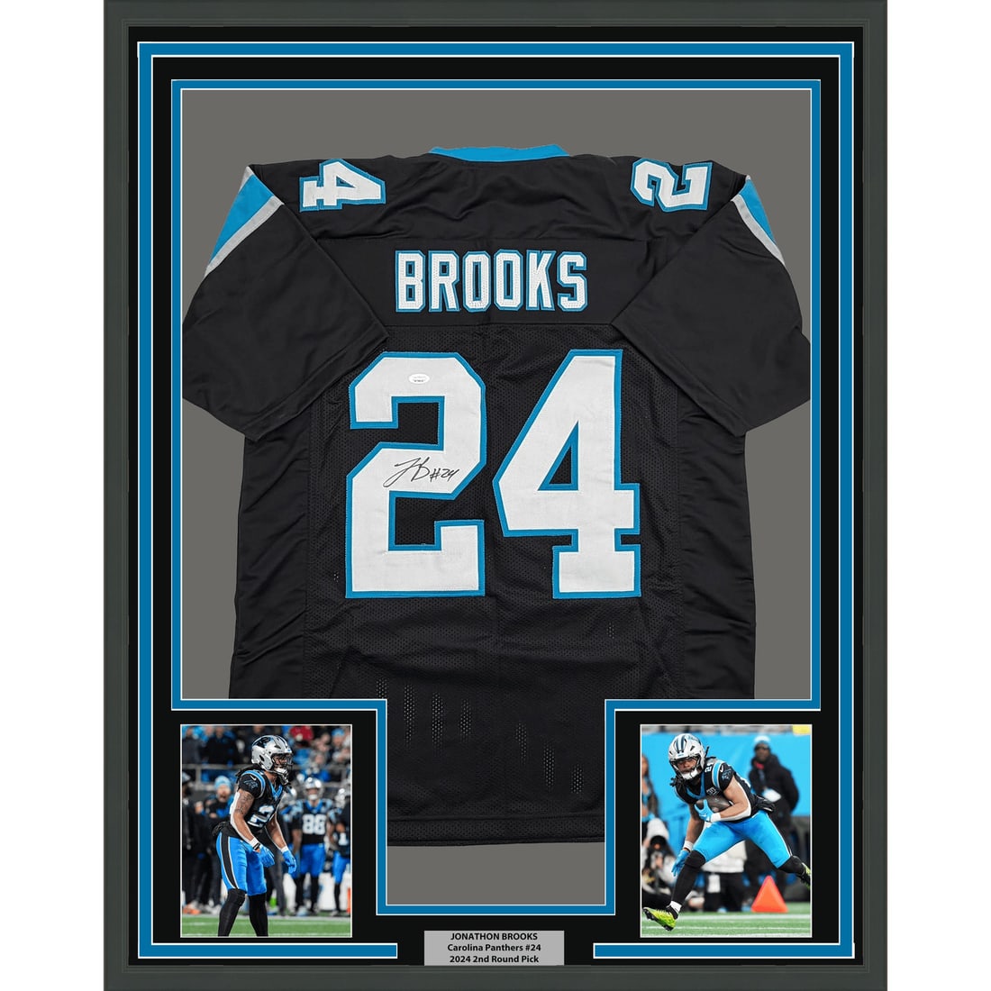 Jonathon Brooks autographed Carolina Panthers framed black football jersey JSA: Jonathon Brooks autographed Carolina Panthers framed black football jersey JSA Professionally framed signed Carolina Panthers football jersey featuring Jonathon Brooks. This original autographed displ
