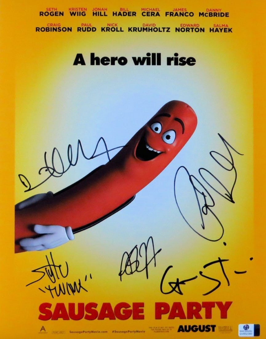 Autographed Sausage Party 11x14 Photo by Rudd Krumholtz Tiernan Shaffir GAI Authenticated: Autographed Sausage Party 11x14 Photo by Rudd Krumholtz Tiernan Shaffir GAI Authenticated This is an original autographed 11x14 photograph featuring Paul Rudd, David Krumholtz, Greg Tiernan, and Ariel