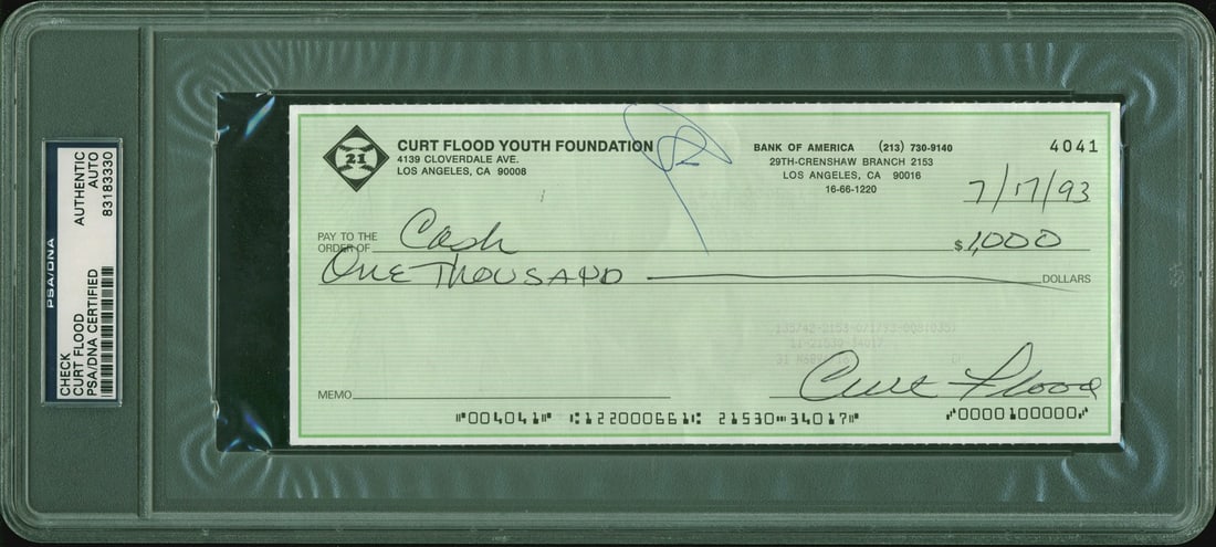 PSA DNA Slabbed Curt Flood Signed 1993 Check St. Louis Cardinals (1 of 2)