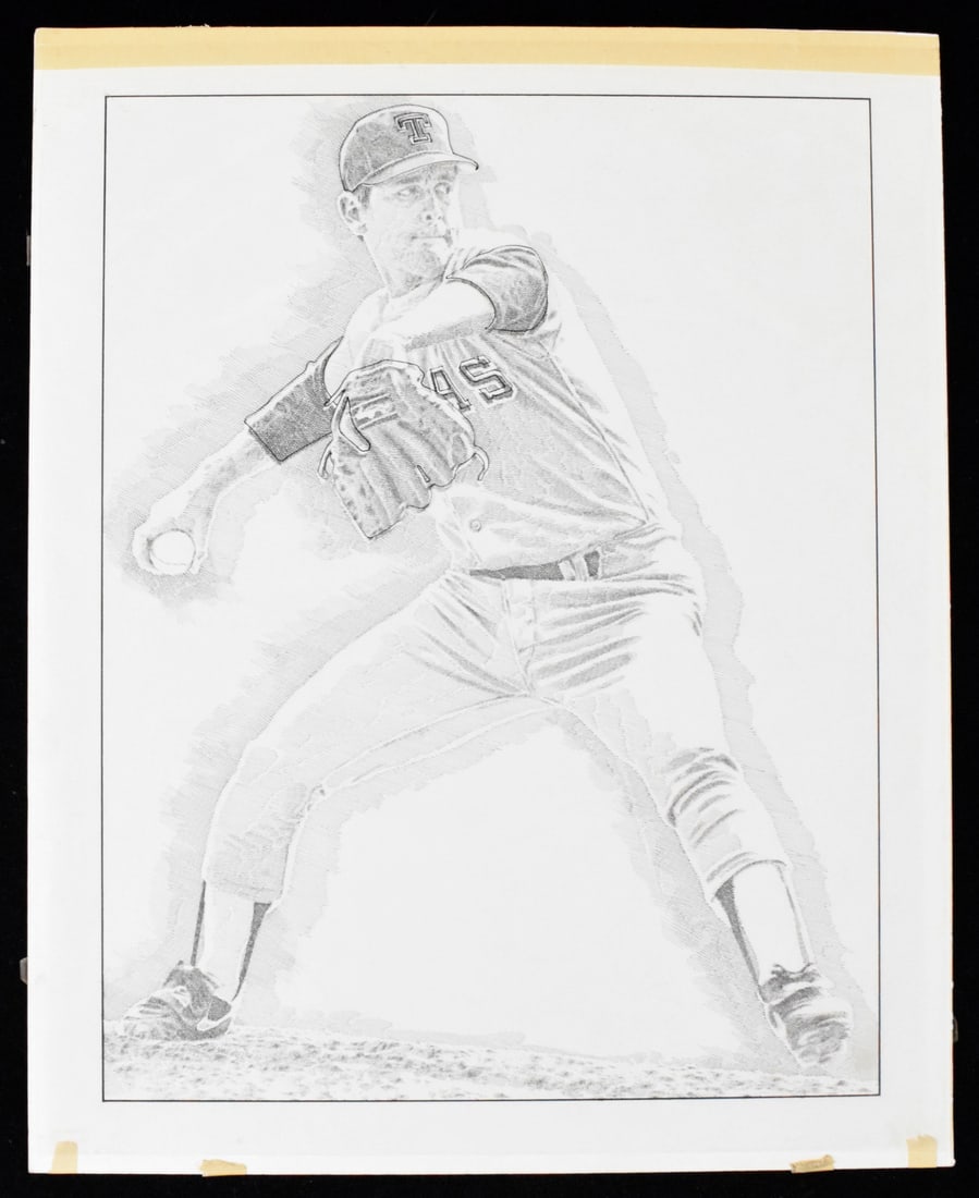 Nolan Ryan Signed 16x20 Artwork by Murray Tinkelman: Nolan Ryan Signed 16x20 Artwork by Murray Tinkelman This original 16x20 illustration artwork features Nolan Ryan, the Hall of Fame pitcher, beautifully rendered by artist Murray Tinkelman. Printed on 