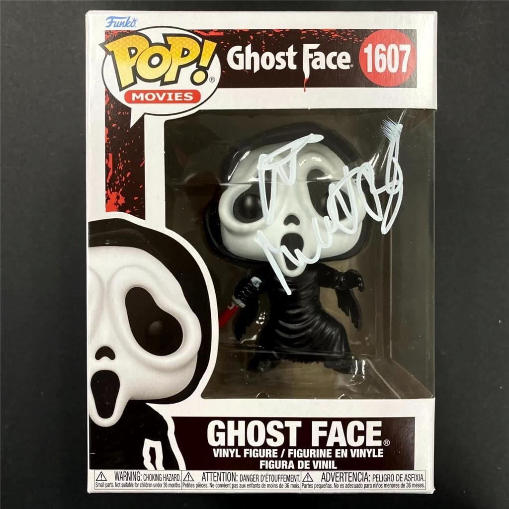 Beckett authenticated Ghost Face Funko Pop signed by Bettinelli-Olpin and Gillett: Beckett authenticated Ghost Face Funko Pop signed by Bettinelli-Olpin and Gillett Pre-owned Funko Pop from Scream, signed by Matt Bettinelli-Olpin and Tyler Gillett. This is an original signed piece w