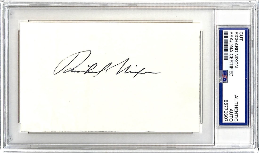 PSA DNA Authenticated Richard Nixon Signed 3x5 Signature Cut: PSA DNA Authenticated Richard Nixon Signed 3x5 Signature Cut This is an original 3x5 cut autograph signed by Richard Nixon, the 37th President of the United States. The signature has been authenticate